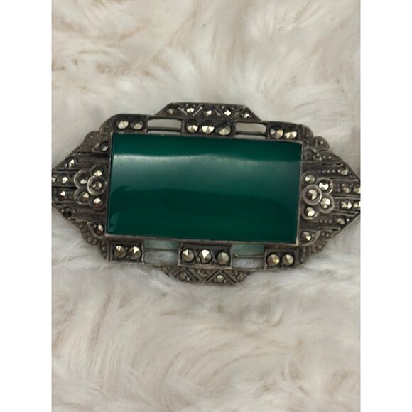 Vintage 1930s Art Deco Sterling Silver Green Agate & Marcasite Brooch - Germany - Picture 10 of 12
